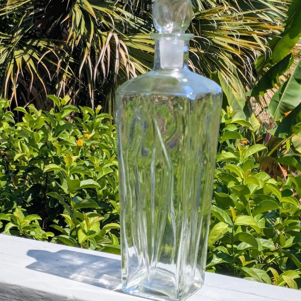 Vintage Glass Decanter with Stopper - Unique Faceted Design & Hollow Stopper